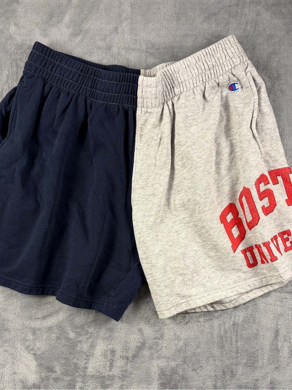 Vintage Champion Mens Two-Tone Navy & Gray Athletic Shorts with Boston U Graphic